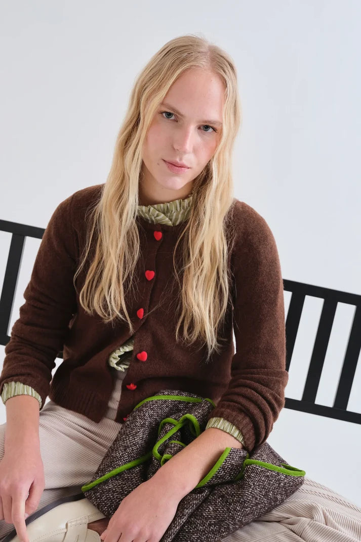 Compania Fantastica Brown cardigan with red heart buttons