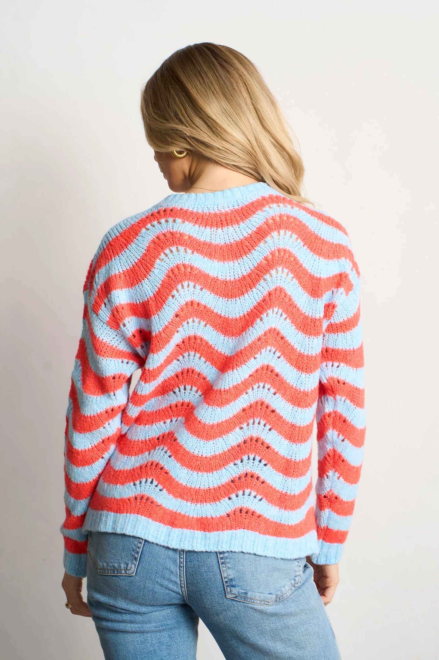 Miss short hair Wave Stripe Scalloped Italian Wool Blend Jumper in Blue/Coral
