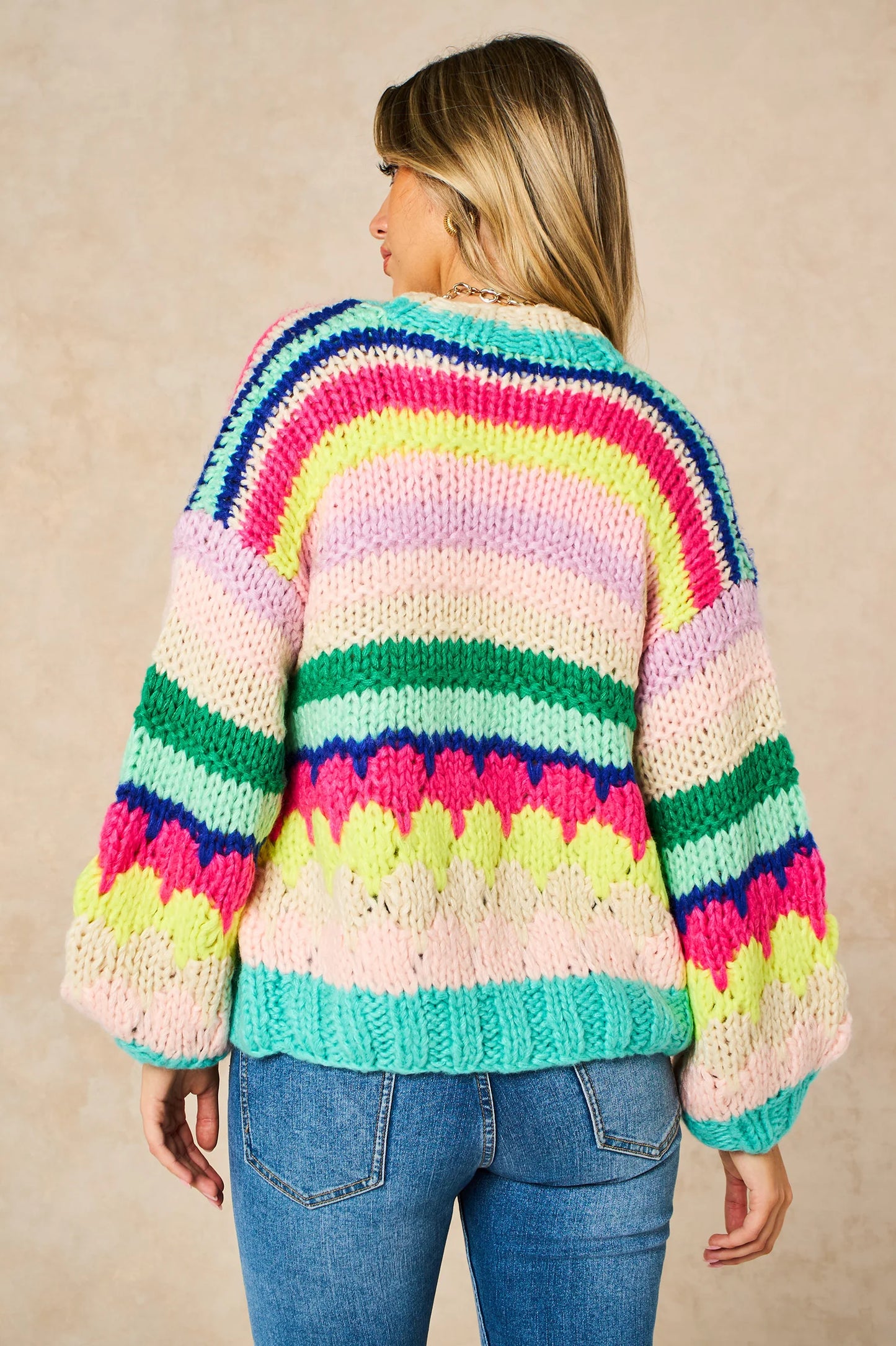 Miss short hair Hand Knitted Rainbow Striped Cardigan in Multi