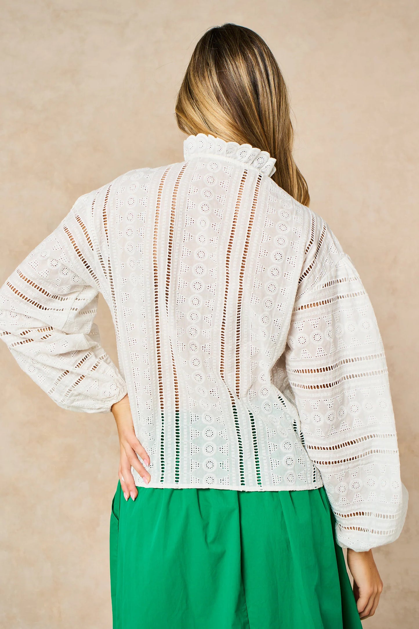 Miss short hair Embroidered Frilly Long Sleeve Cotton Shirt in White