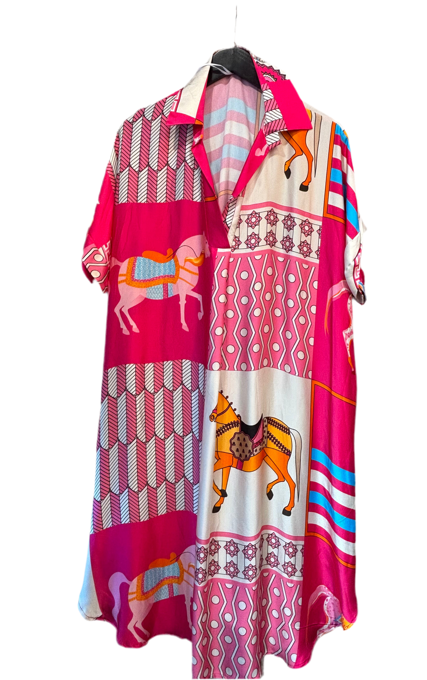Luxe 'hermes' Style Horse Print Stylish Silk Viscose Blend Open Neck Shirt Dress with Pockets
