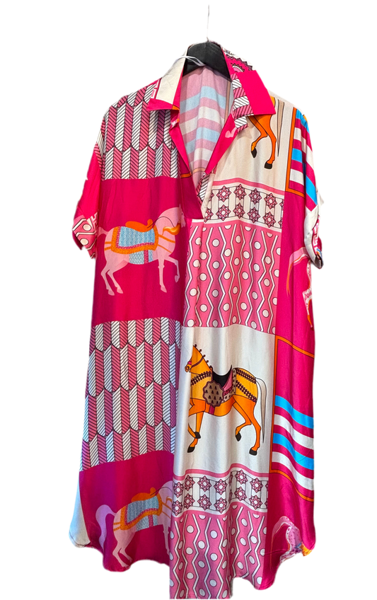 Luxe 'hermes' Style Horse Print Stylish Silk Viscose Blend Open Neck Shirt Dress with Pockets