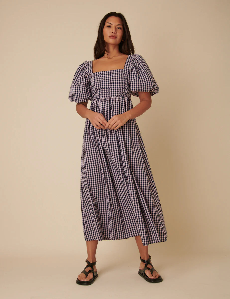 Nobody's Child Blue and pink gingham nova midi dress
