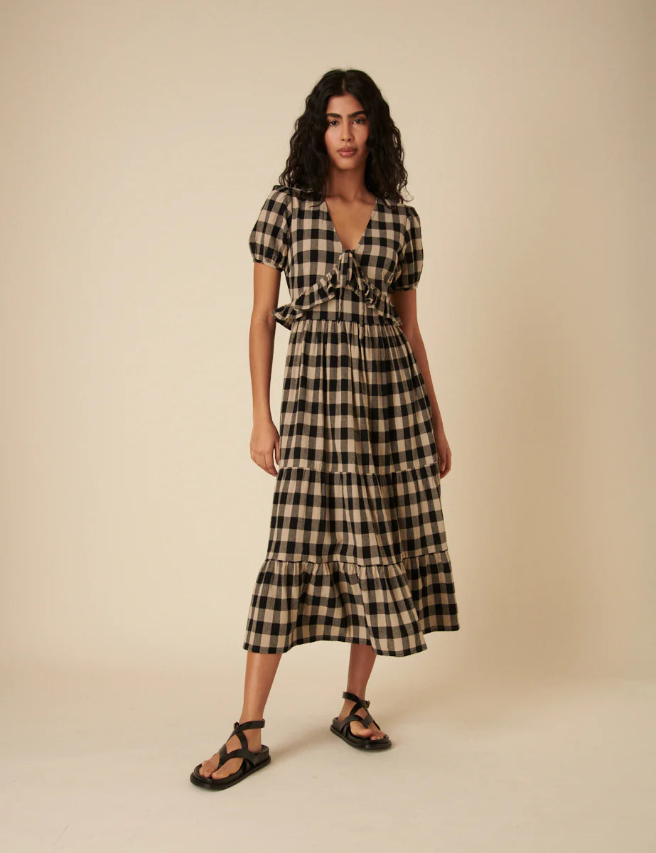Nobody's Child Black Check Short Sleeve Katie Midi Dress