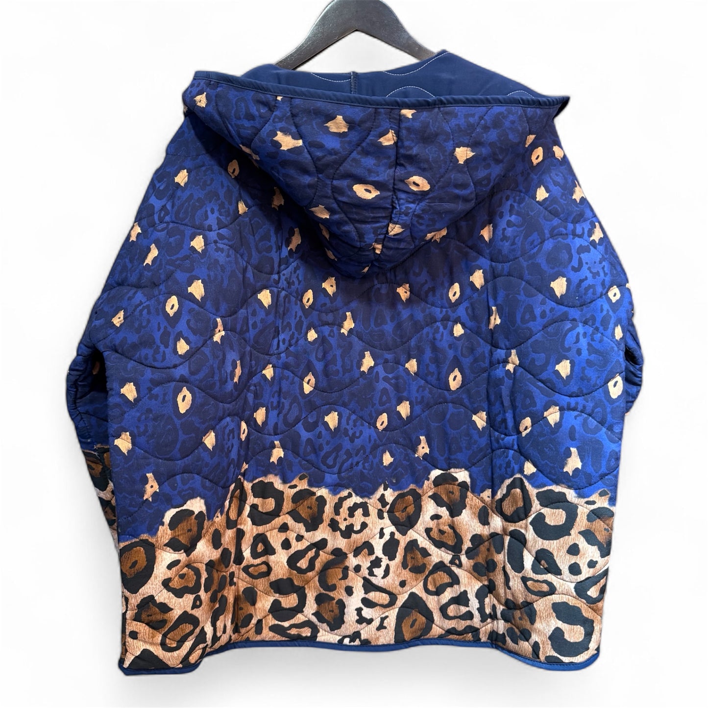 Cecile Wang Navy Leopard Print Quilted Jacket with Hood