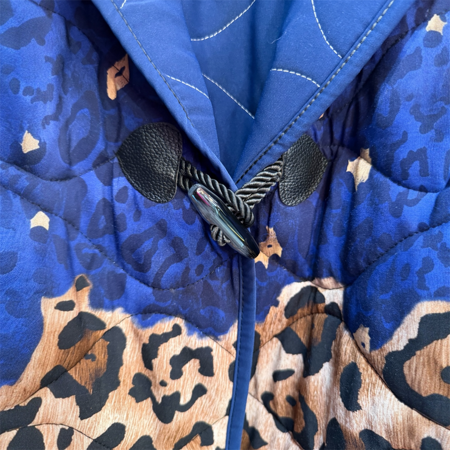 Cecile Wang Navy Leopard Print Quilted Jacket with Hood