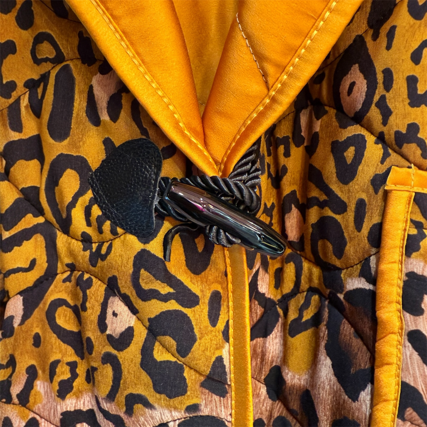 Cecile Wang Mustard Leopard Print Quilted Jacket with Hood