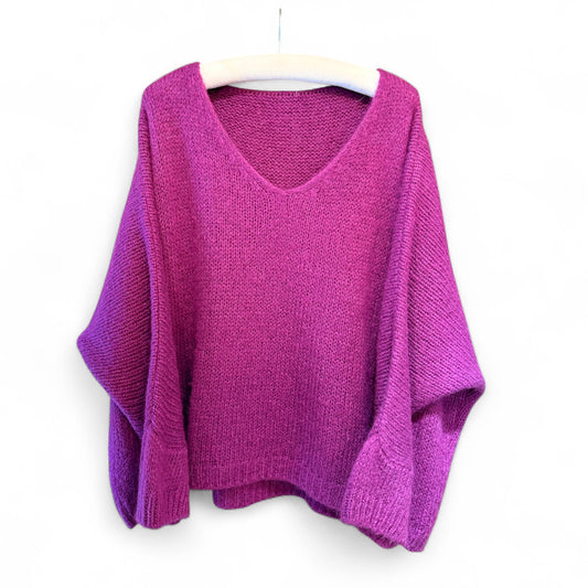 Made In Italy V-Neck Mohair Jumper in Midnight Purple
