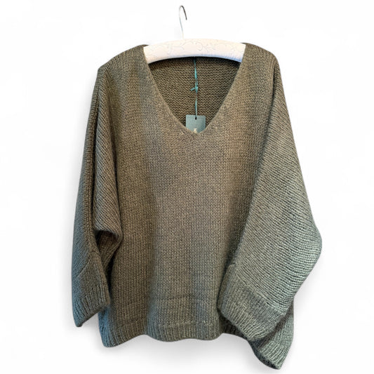 Made In Italy V-Neck Mohair Jumper in Dark Khaki