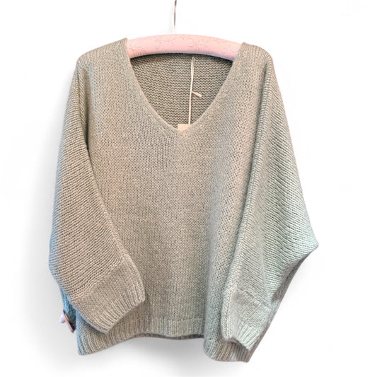 Made In Italy V-Neck Mohair Jumper in Sage