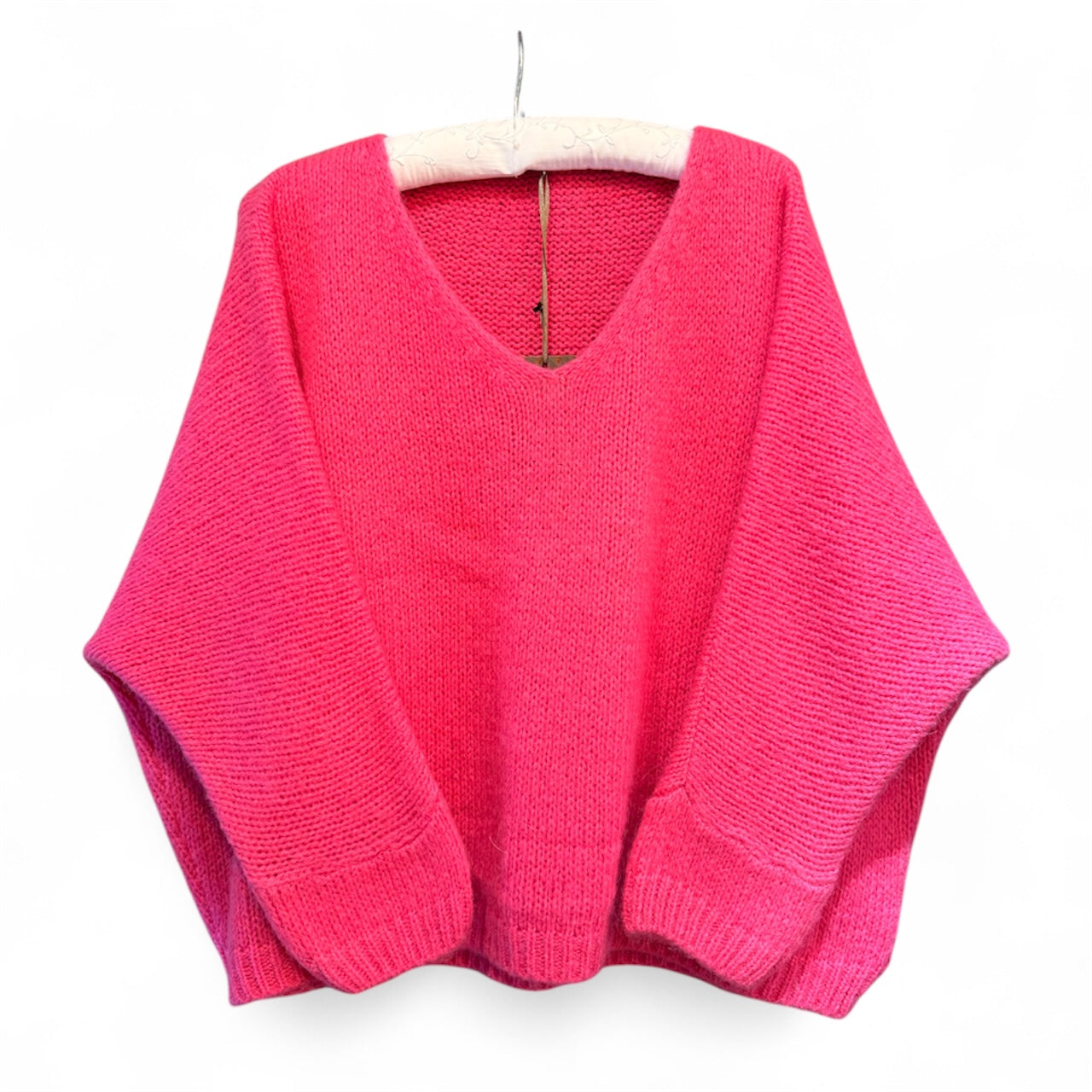 Made In Italy V-Neck Mohair Jumper in Neon Pink