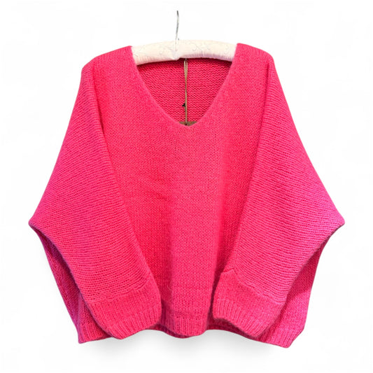 Made In Italy V-Neck Mohair Jumper in Neon Pink