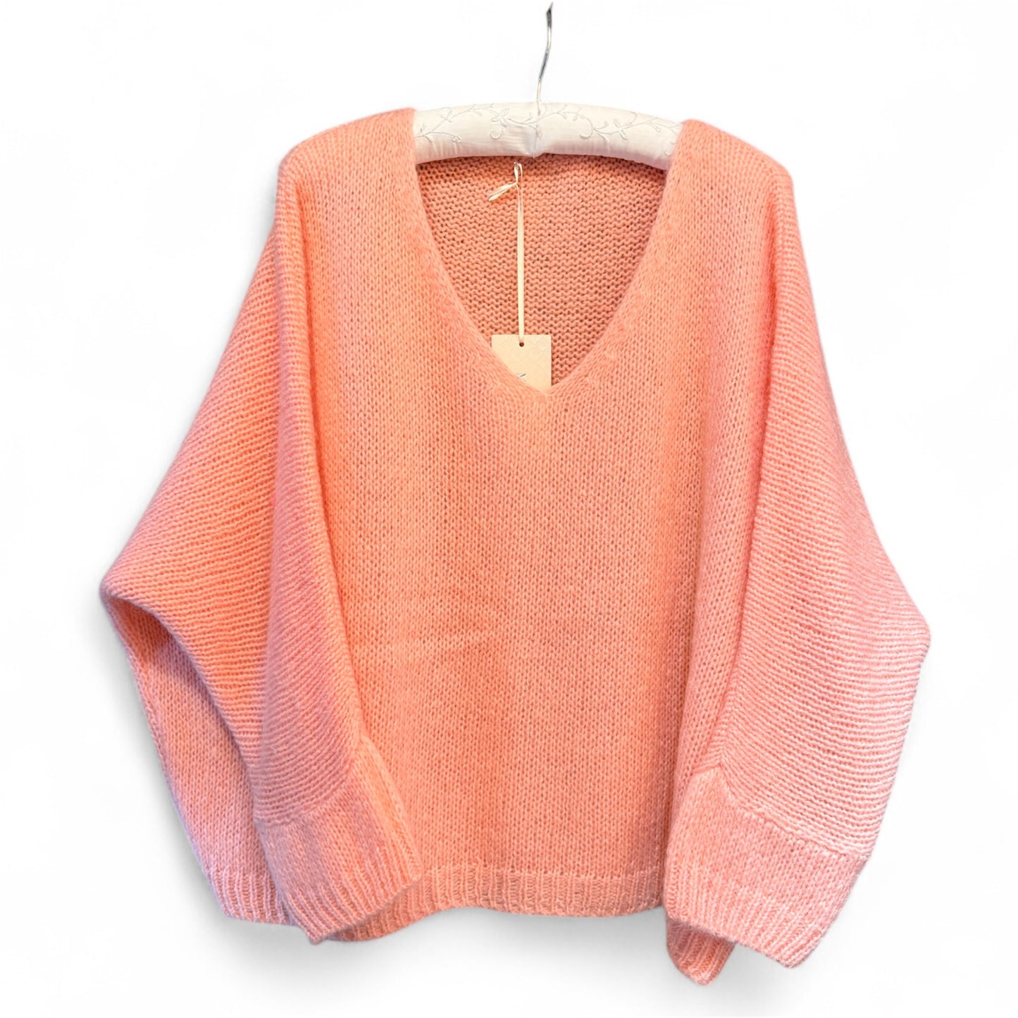 Made In Italy V-Neck Mohair Jumper in Peach