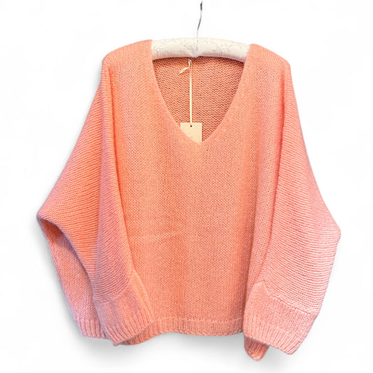 Made In Italy V-Neck Mohair Jumper in Peach
