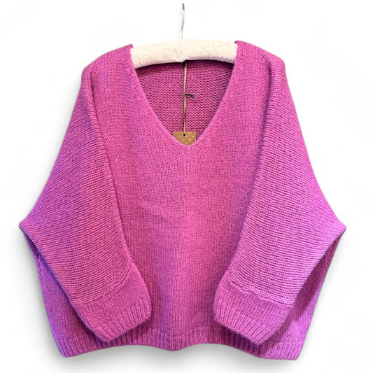Made In Italy V-Neck Mohair Jumper in Grape