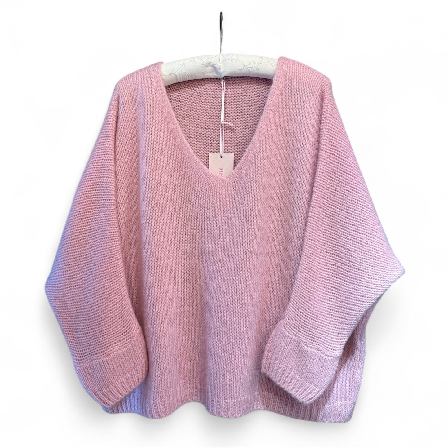 Made In Italy V-Neck Mohair Jumper in Pale Pink