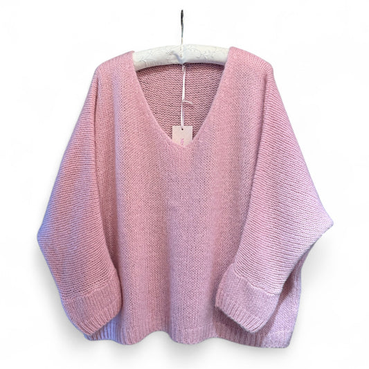 Made In Italy V-Neck Mohair Jumper in Pale Pink