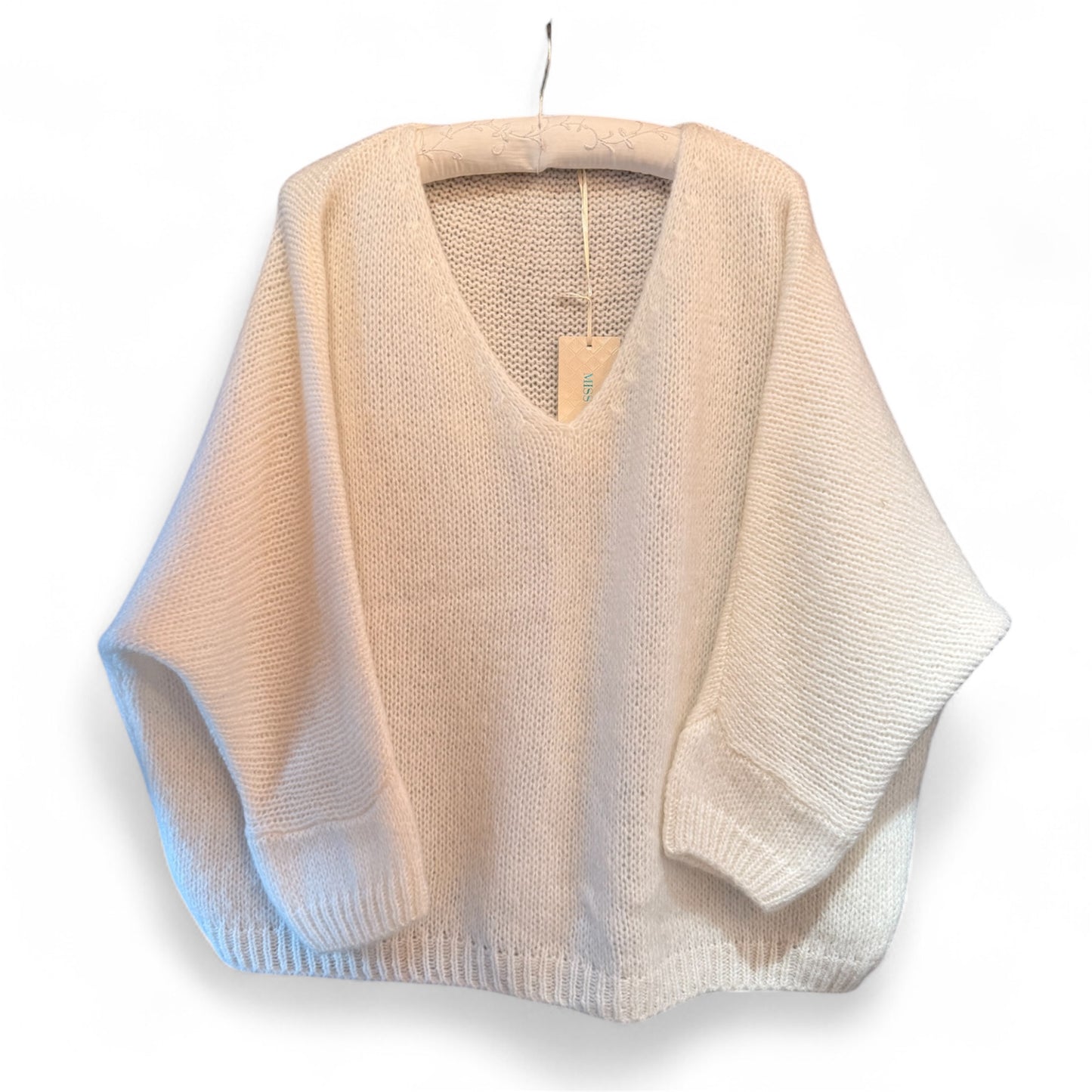 Made In Italy V-Neck Mohair Jumper in Beige/Cream