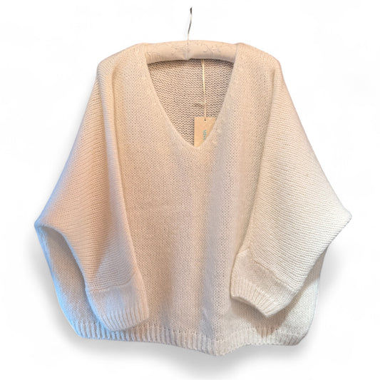Made In Italy V-Neck Mohair Jumper in Beige/Cream