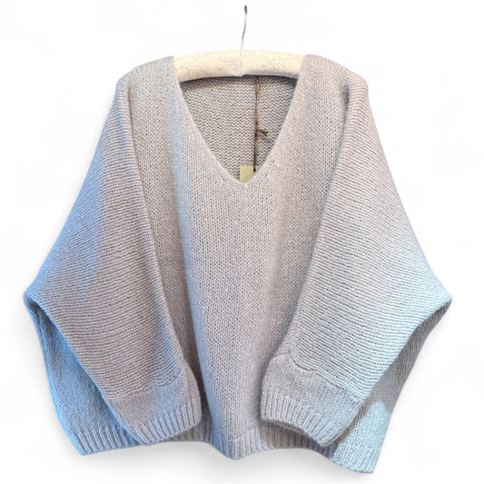 Made In Italy V-Neck Mohair Jumper in Silver Grey