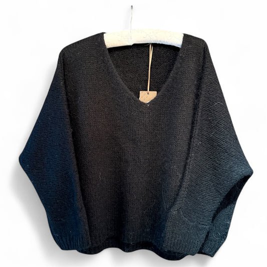 Made In Italy V-Neck Mohair Jumper in Black