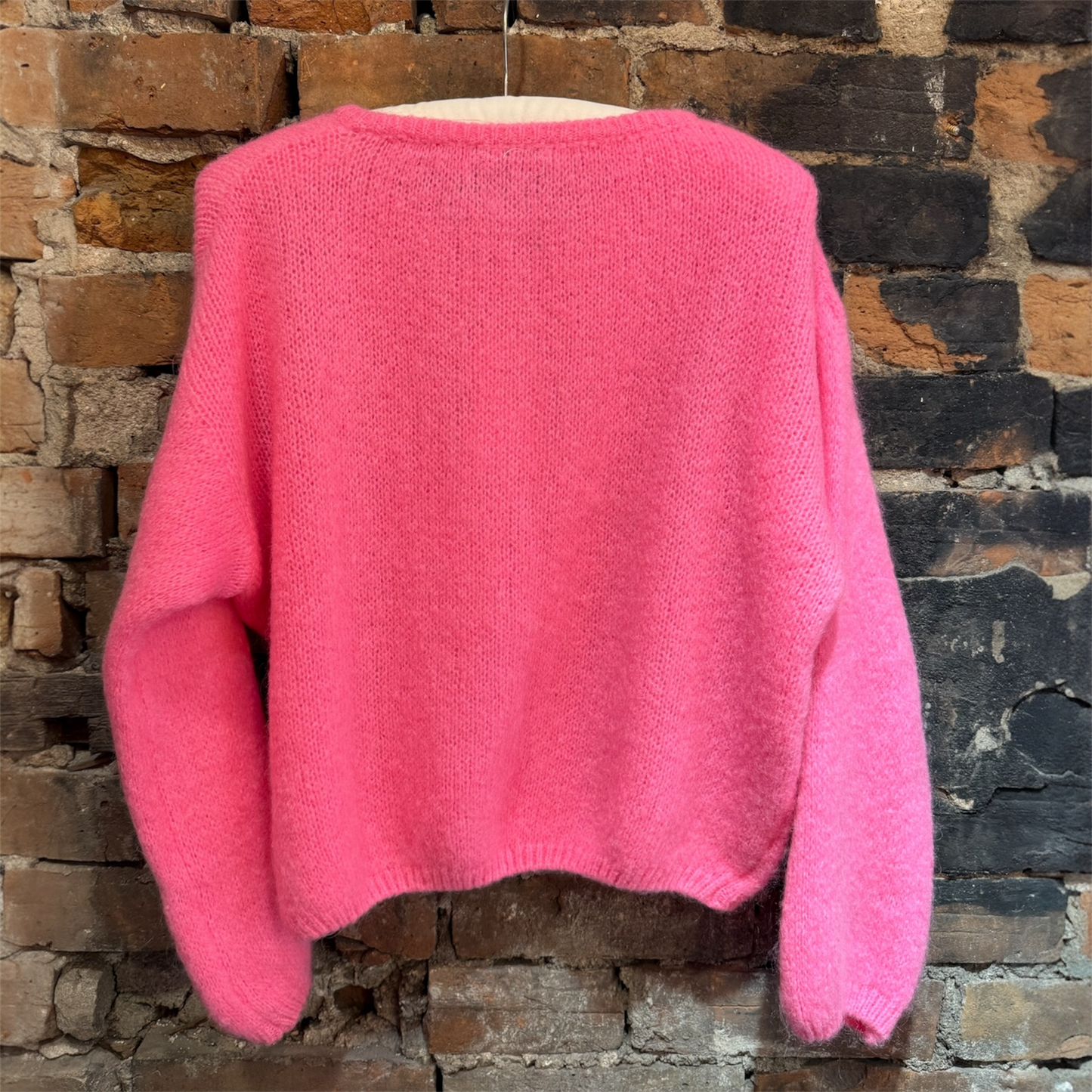 Made In Italy Crewneck Cardigan in Barbie Pink