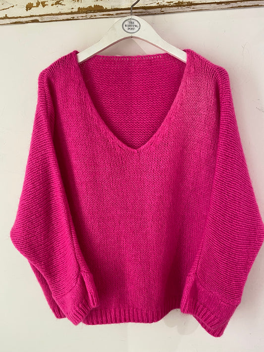 Italian collection mohair v-neck jumper -Fuchsia