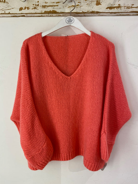Italian collection mohair v-neck jumper - Coral