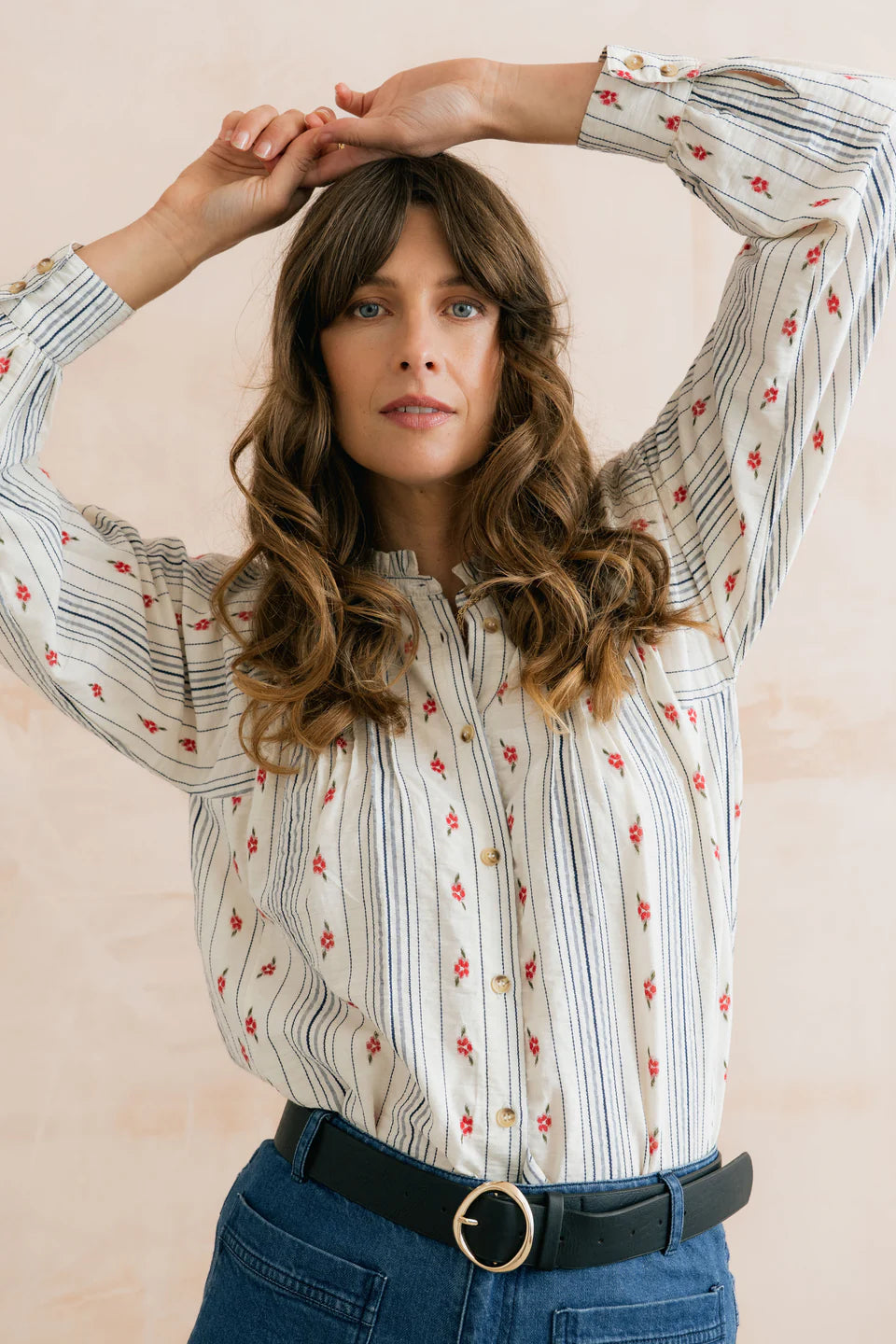 Lily and me Flora Embroidered Stripe Blouse Ecru
