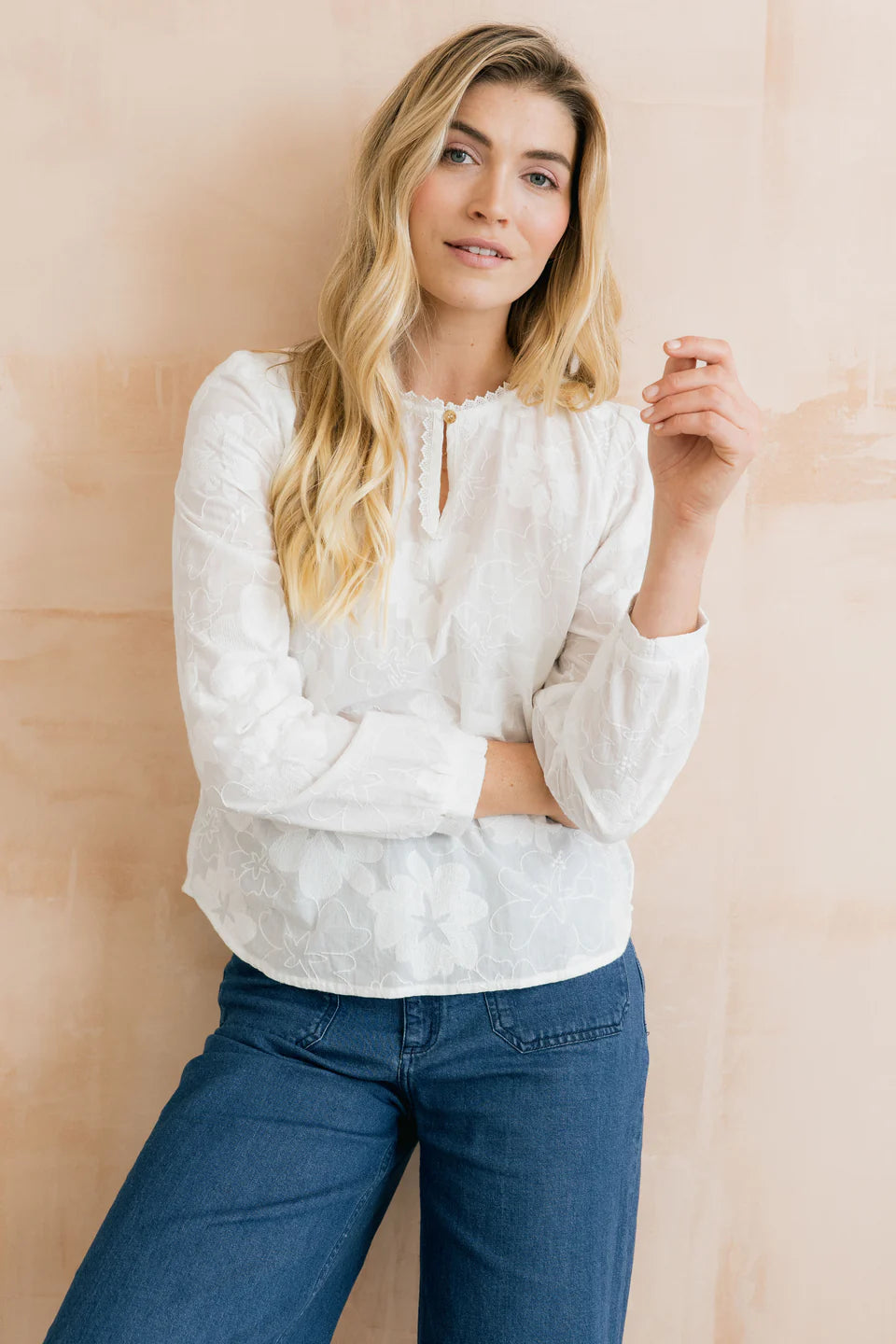 Lily & Me Emily Embroidered Cotton Keyhole Blouse White