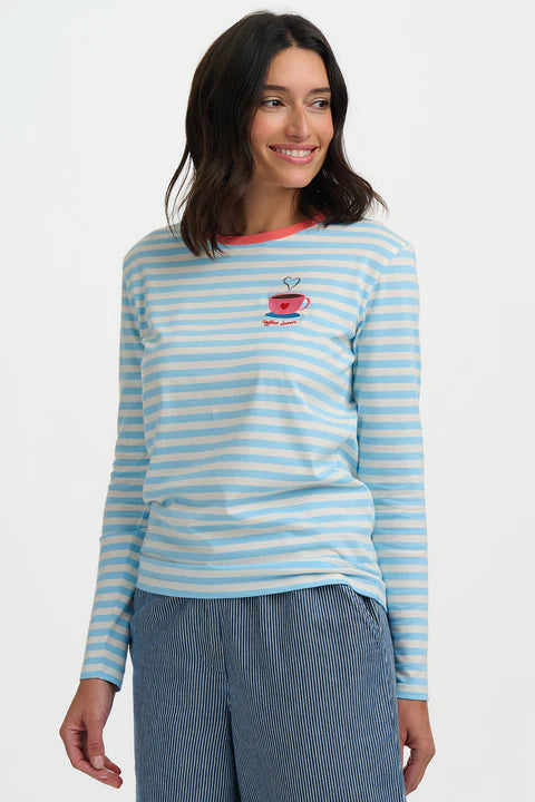 Sugarhill Brunswick Jersey Top - Off White/Blue, Coffee Cup