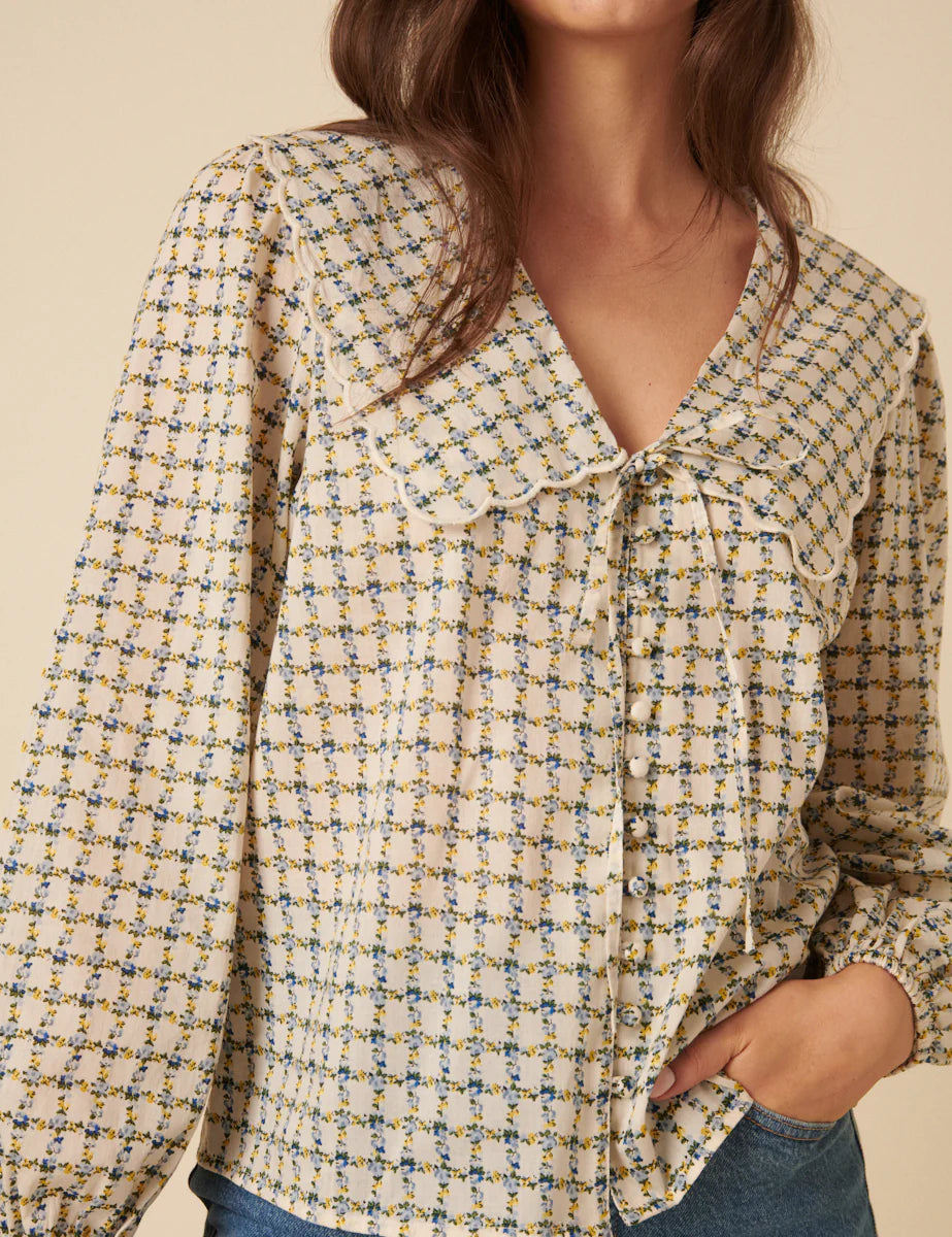 Nobody's Child Birdie cream floral checked blouse