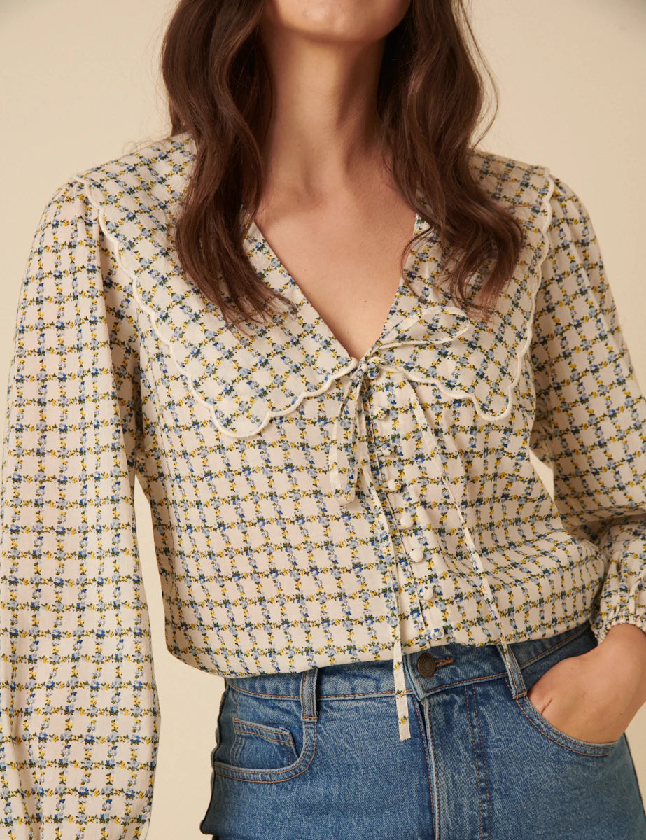 Nobody's Child Birdie cream floral checked blouse
