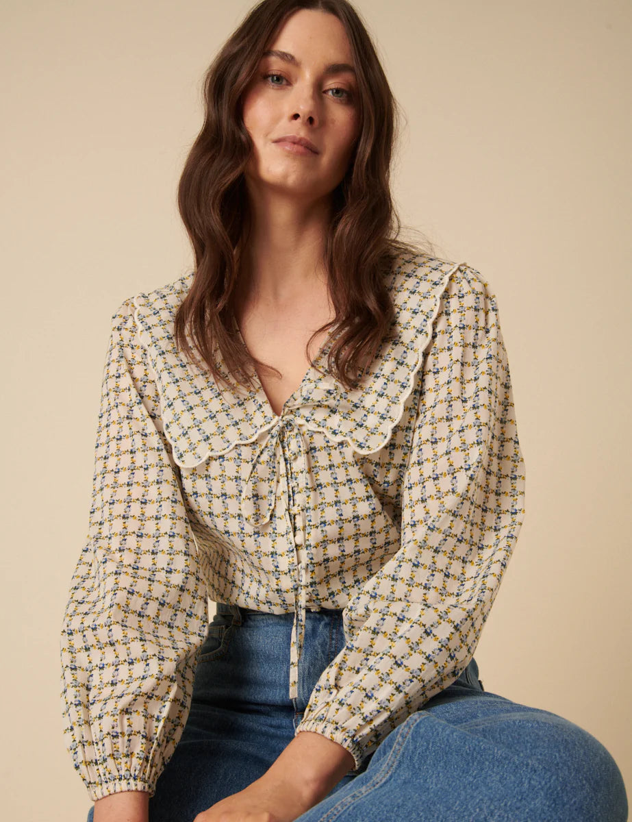 Nobody's Child Birdie cream floral checked blouse