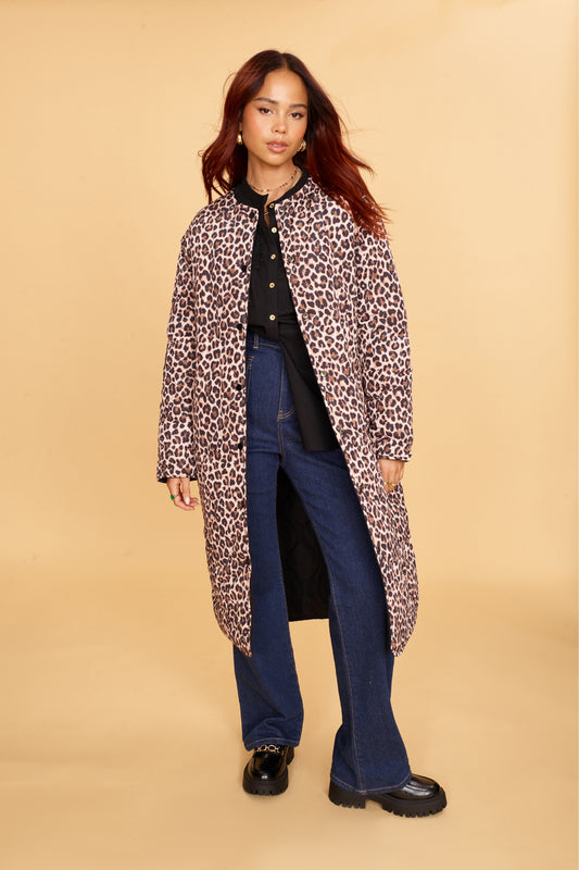 Another Sunday Reversible longline padded coat leopard / black