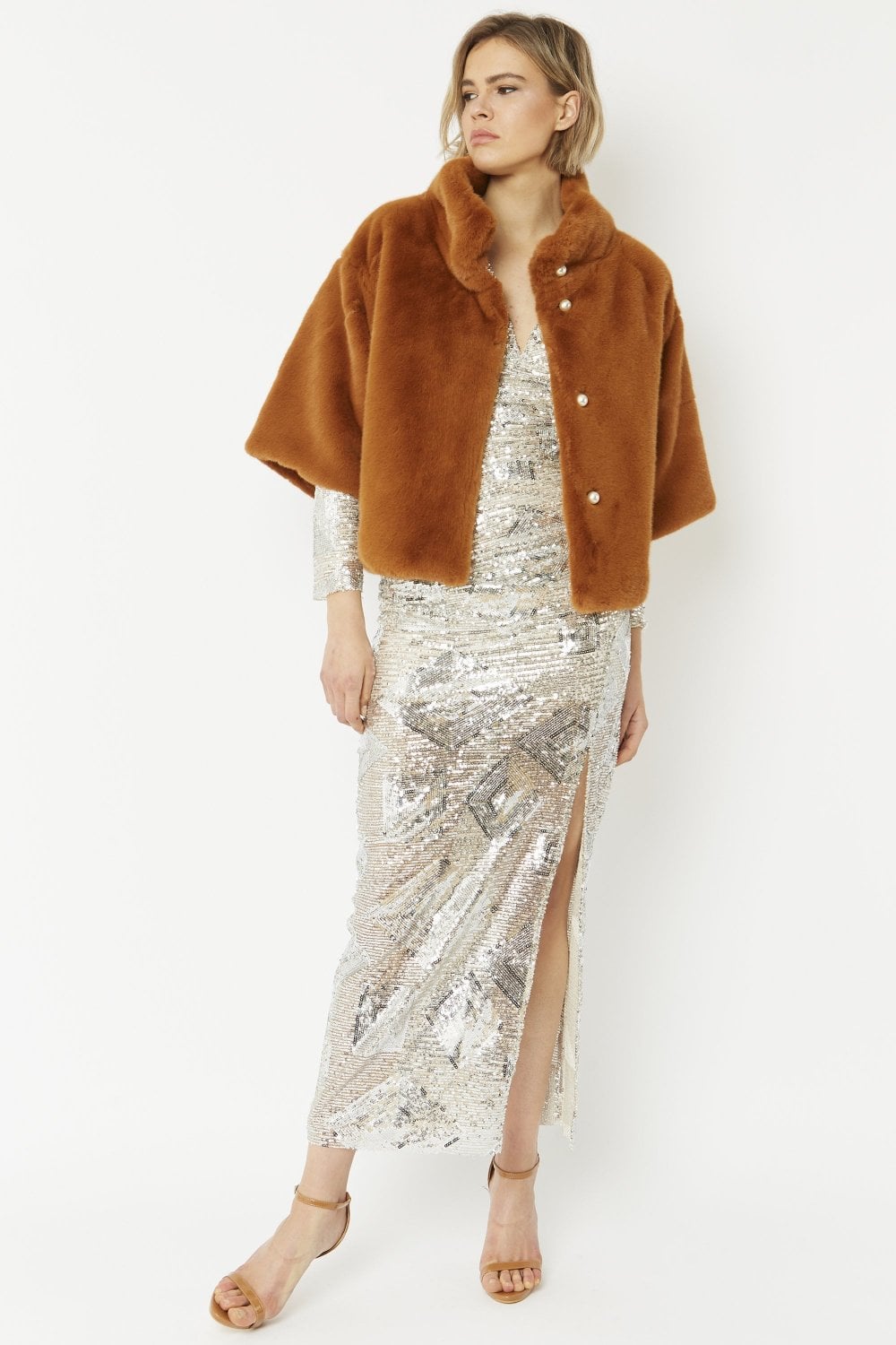 JAYLEY Chocolate Faux Fur Jacket With Pearls