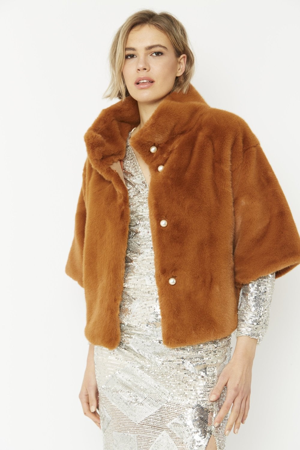 JAYLEY Chocolate Faux Fur Jacket With Pearls