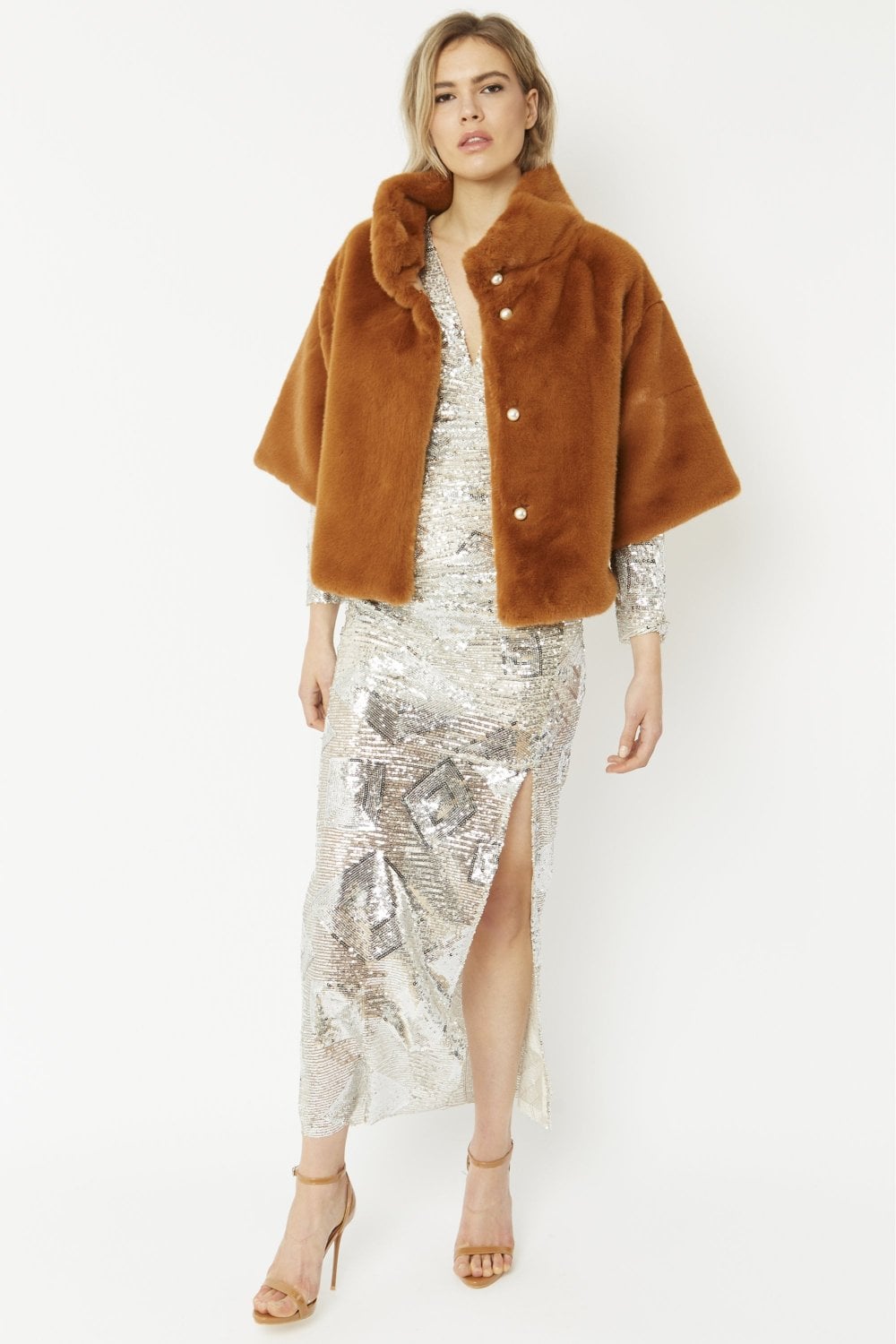JAYLEY Chocolate Faux Fur Jacket With Pearls