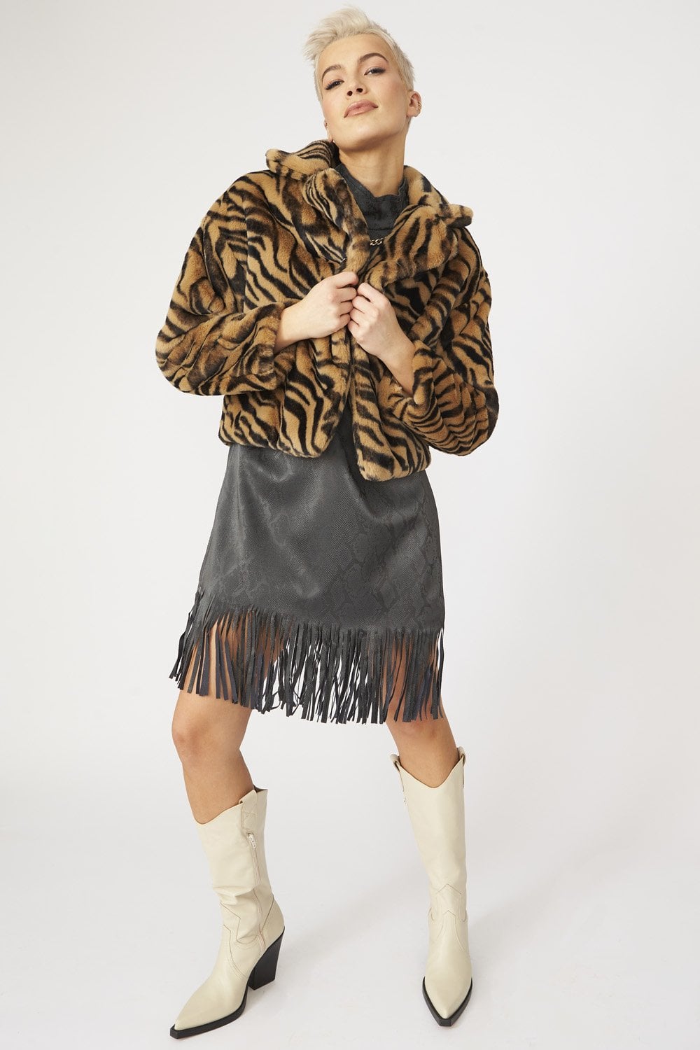 JAYLEY Animal Print Faux Fur Cropped Coat