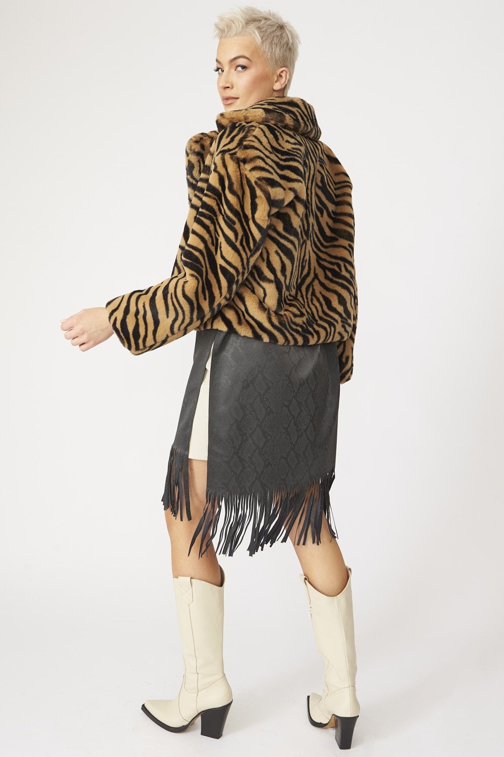 JAYLEY Animal Print Faux Fur Cropped Coat