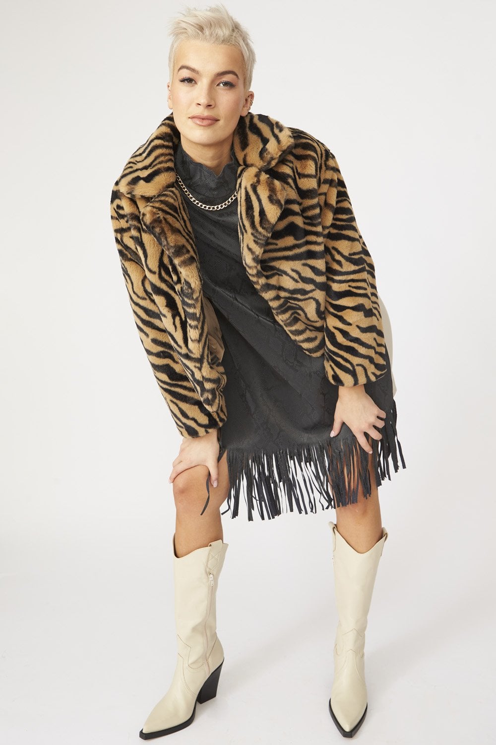 JAYLEY Animal Print Faux Fur Cropped Coat