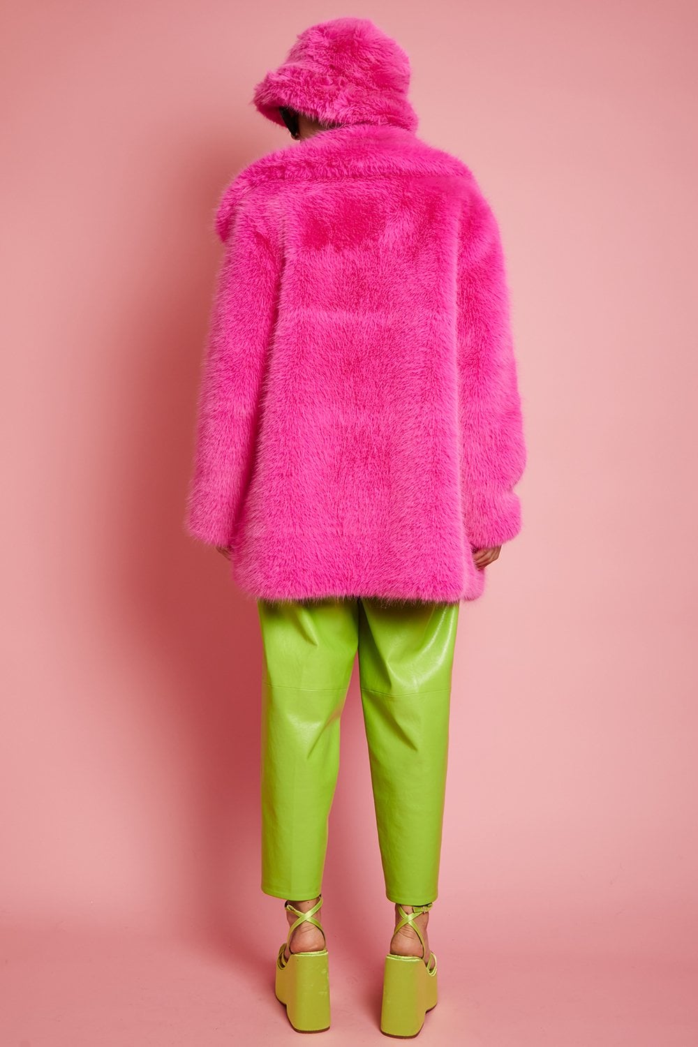 JAYLEY Faux Fur Fuchsia Pink Midi Coat
