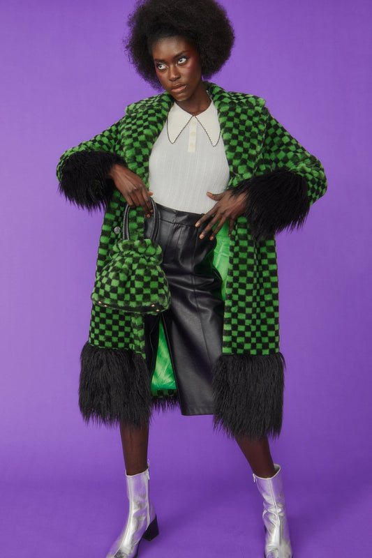 Jayley Faux Fur Green and Black Check Coat with Faux Mongolian Trim