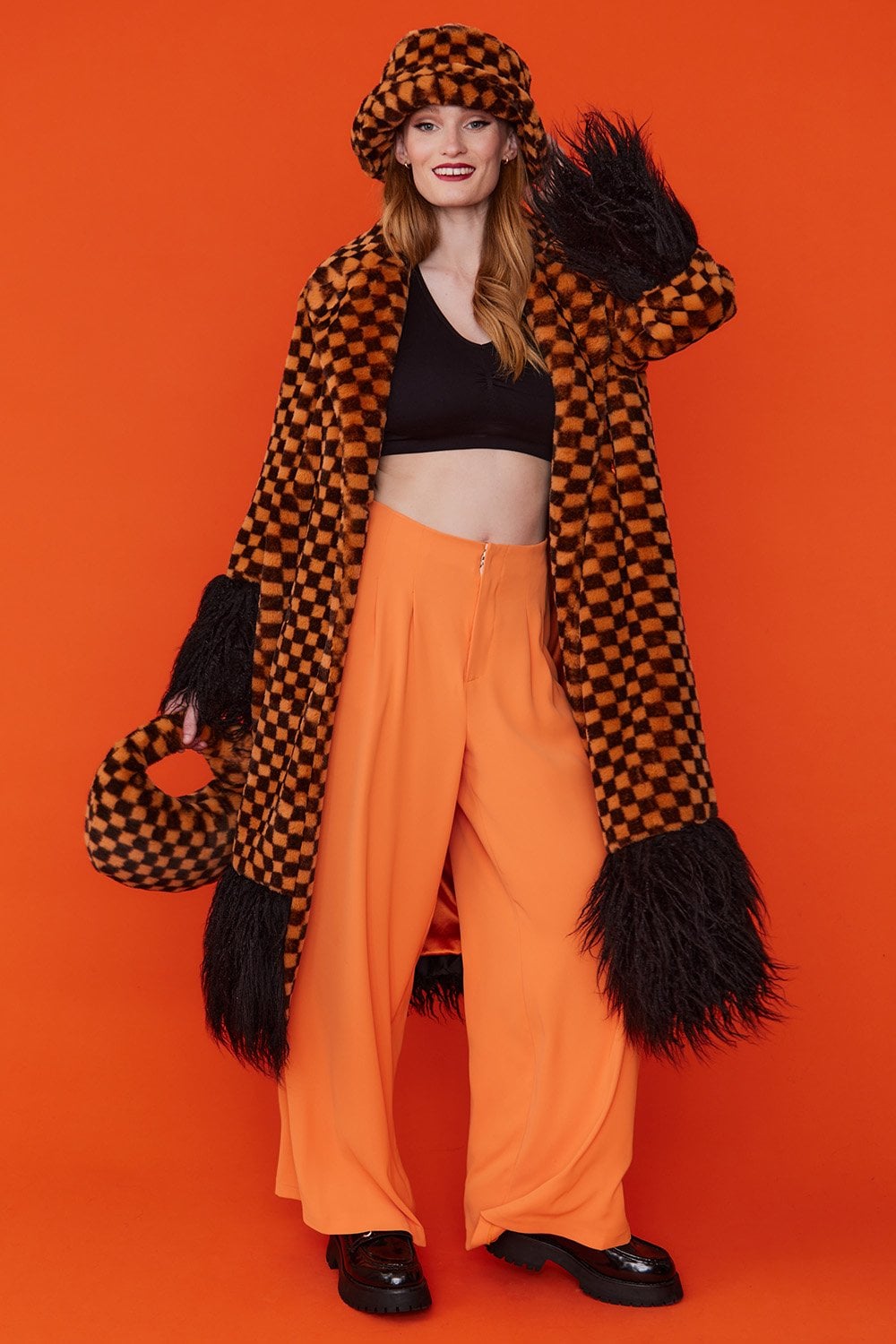 Jayley Faux fur orange and black check coat with faux mongolian trim