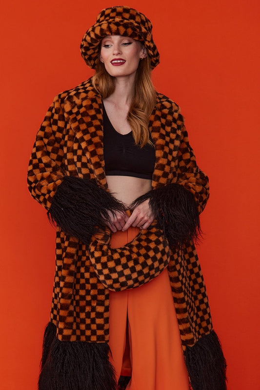 Jayley Faux fur orange and black check coat with faux mongolian trim