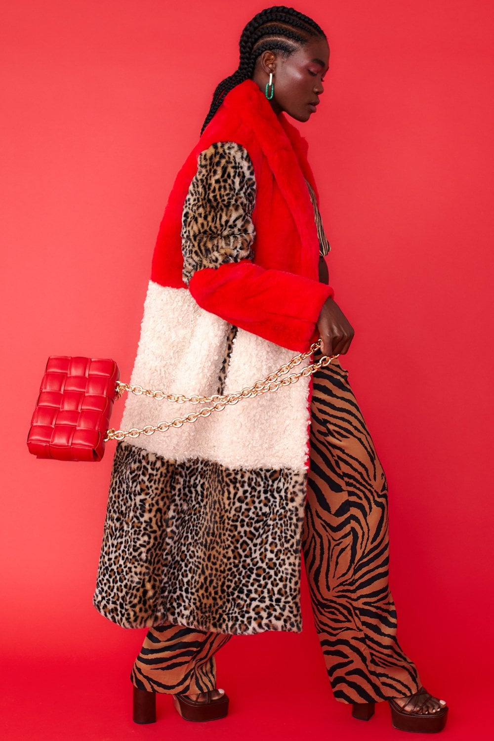 Jayley maxi checked leopard print and shearling faux fur coat