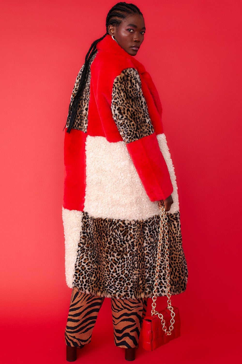 Jayley maxi checked leopard print and shearling faux fur coat