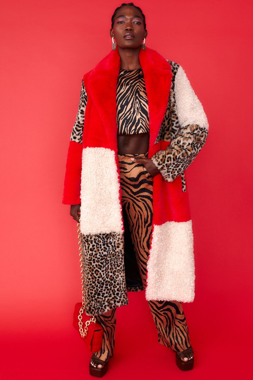 Jayley maxi checked leopard print and shearling faux fur coat