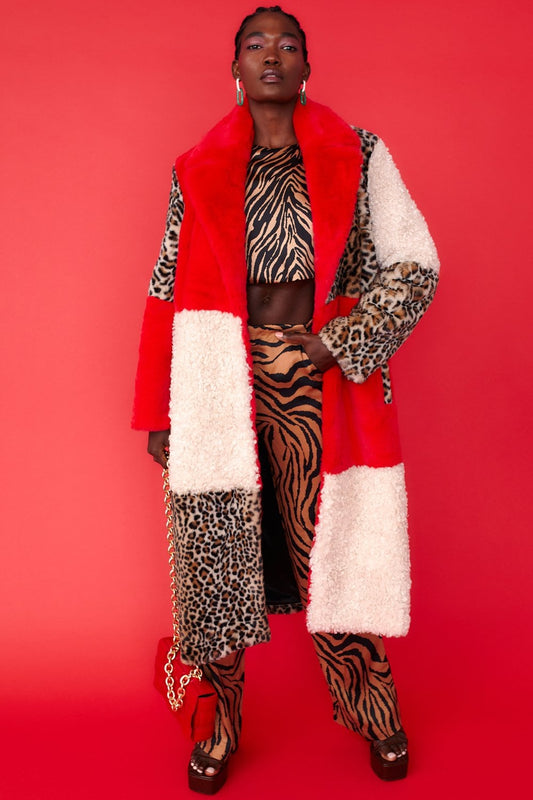 Jayley maxi checked leopard print and shearling faux fur coat