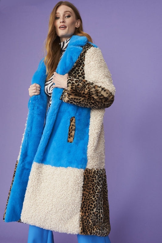 Jayley Maxi checked leopard print and shearling faux fur coat